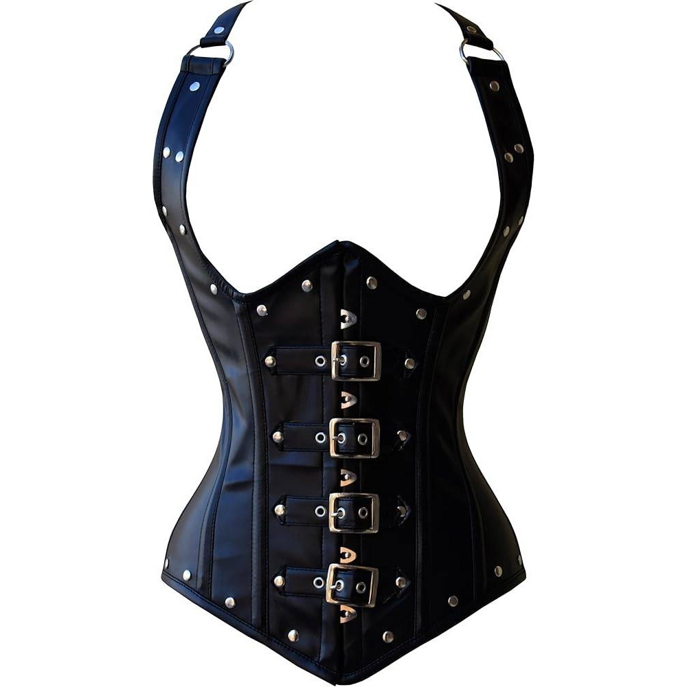 Whimsygoth Black Leather Halter Corset Top Buckle Front Lace Up Back size Medium